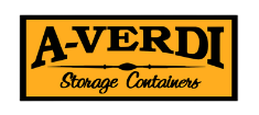 A-Verdi Storage Containers A-Verdi Storage Containers logo. The design features bold black text on an orange rectangular background. “A-VERDI” is displayed in large uppercase block letters above a stylized horizontal black line with decorative ends. Below the line, the words “Storage Containers” are written in a black script font.